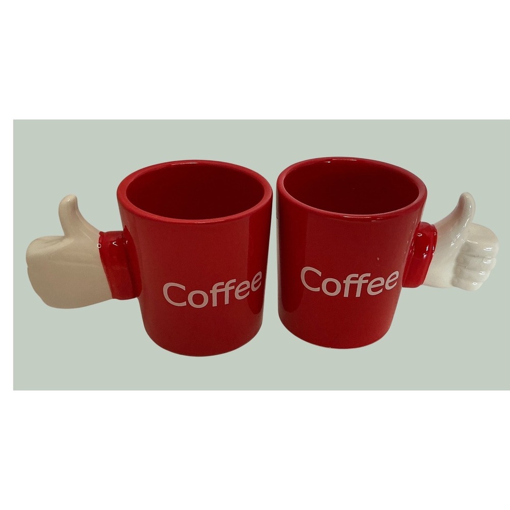 Frankford Coffee Mug Set Thumbs Up Handle Red Ceramic Novelty 2pc 12oz
